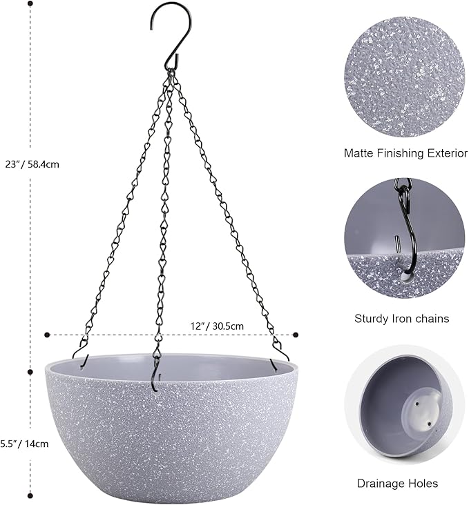 12 inch Large Hanging Planters for Indoor Outdoor Plants, 2 Pack Hanging Flower Pots with Drainage Holes and Chain for Garden Porch, Plastic Hanging Baskets for House Plants, Speckled Grey-VerdiqueGarden