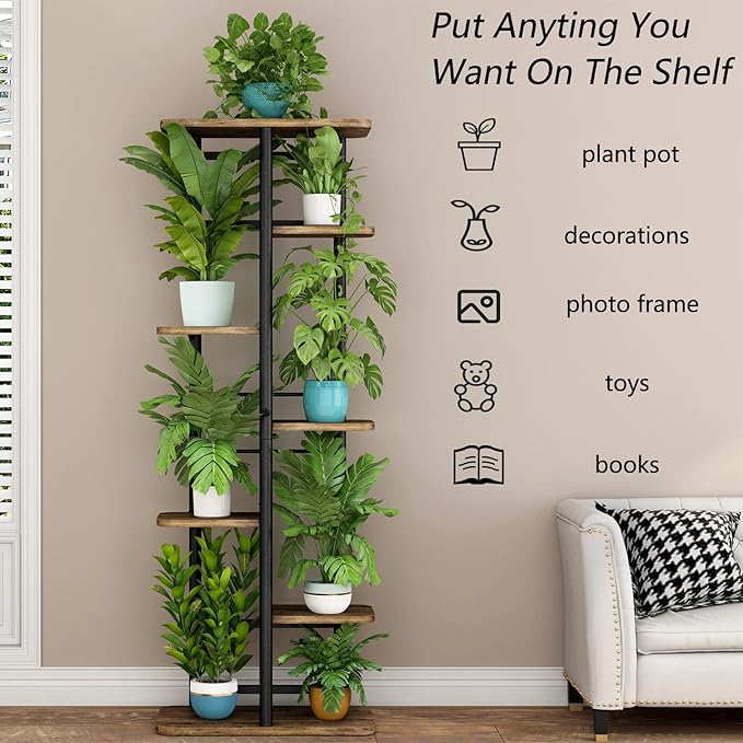 LINZINAR Plant Stand 7 Tier 8 Potted Multiple Flower Pot Holder Shelf Indoor Outdoor Planter Rack Storage Organizer for Patio Garden Corner Balcony Living Room (7 Tier-8 Potted, Black)-VerdiqueGarden