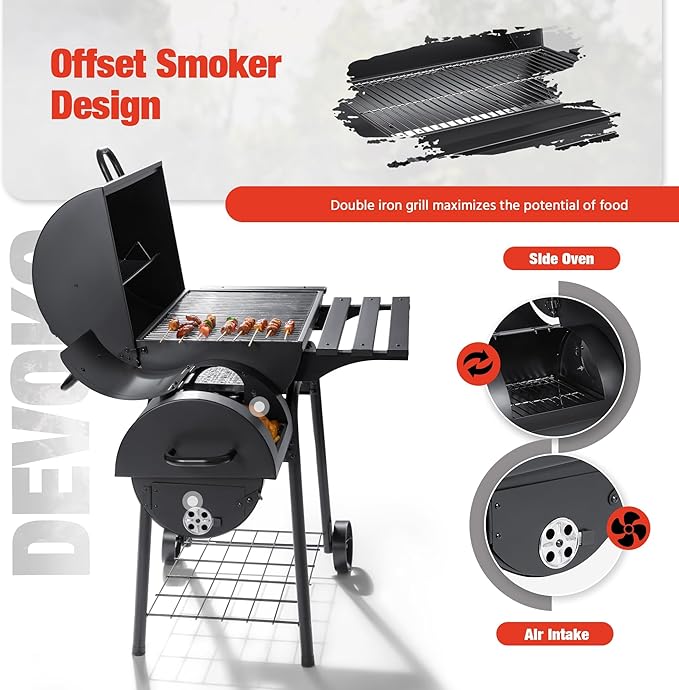Devoko Charcoal Grill, Outdoor BBQ Grill with Offset Smoker and Side Table for Garden and Parties-VerdiqueGarden