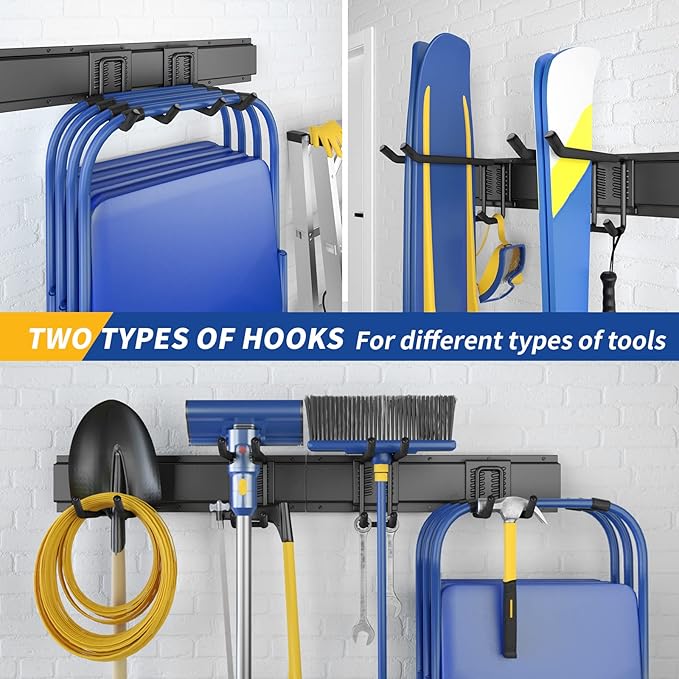 32 Inches Garage Storage, Garage Organization, Wall Mount Garden Tool Organizer, Max 300lbs Adjustable Metal Hooks, Yard Shed Hanging Rack, Heavy Duty Shelving for Rake Broom Mop Snowboard-VerdiqueGarden