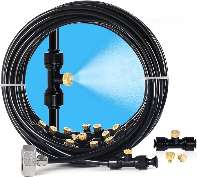 Bonviee Misters for Outside Patio - 59FT Misting Cooling System with 20 Brass Nozzles and 3/4" Adapter, 18M DIY Outdoor Misters Kit for Garden, Greenhouse, and Patio Cooling-VerdiqueGarden