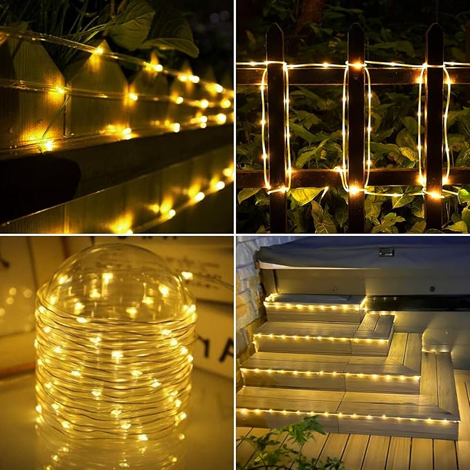 Solar Rope Lights, 2 Packs 66ft 200LED Solar String Lights, 8 Modes Waterproof Solar Powered Outdoor Lights, Flexible Clear Tube Light for Garden, Backyard, Patio, Deck, Pool,Tree Decor - Warm White-VerdiqueGarden