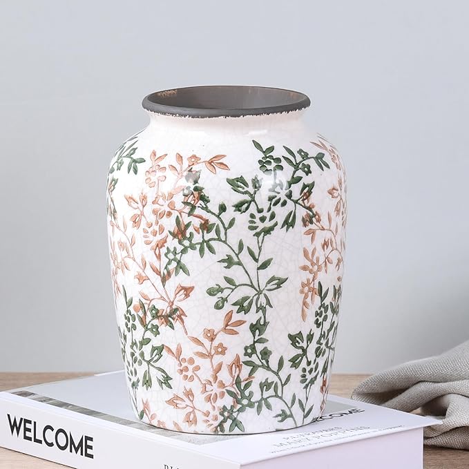 Vintage Vase for Flowers,Green Chinoiserie Ceramic Vase,Rustic Farmhouse Cracked Vases,for Flower Arrangement,Living Room, Office, Shelf, Fireplace Tables,Centerpieces,Chinoiserie Pottery Decor(D)-VerdiqueGarden