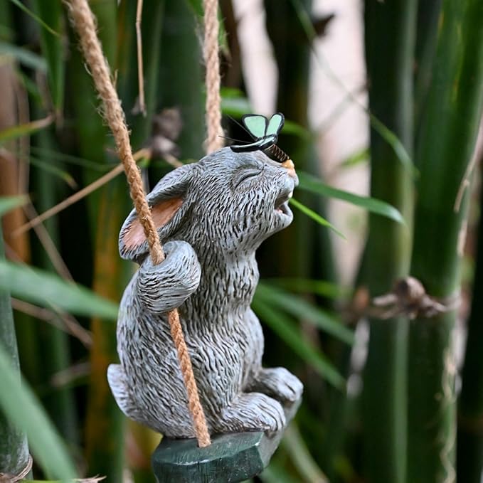 OwMell Garden Rabbit Statues, Cute Swing Bunny with Butterfly Statue Decoration for Yard Hanging Outdoor, Tree Ornaments Figurine for Stump Branch Lawn Patio Decor-VerdiqueGarden