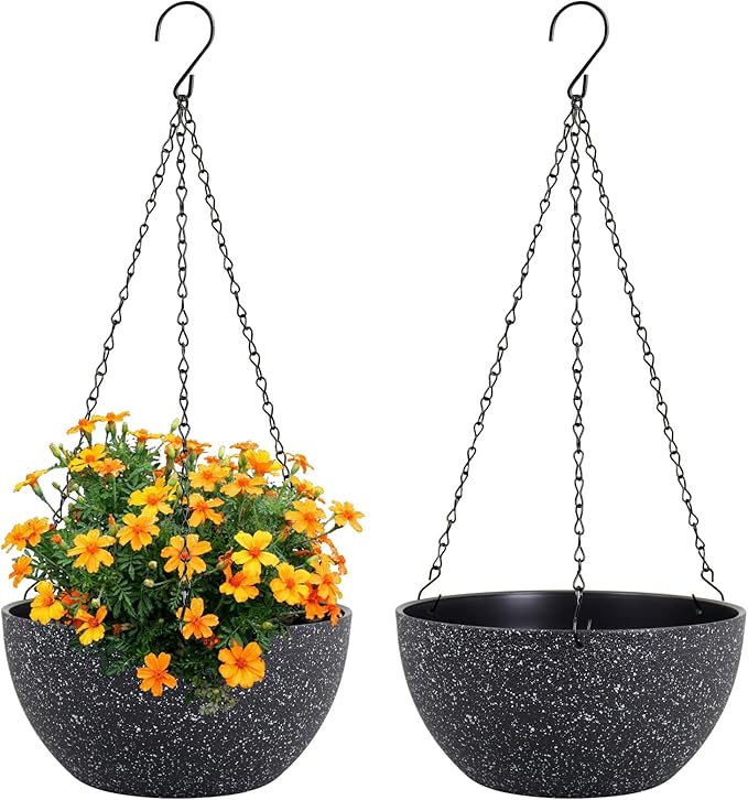 10 inch Hanging Planters for Indoor Outdoor Plants, 2 Pack Hanging Flower Plant Pots with Drainage Holes and Chain for Garden Porch, Plastic Hanging Baskets for House Plants, Speckled Black-VerdiqueGarden