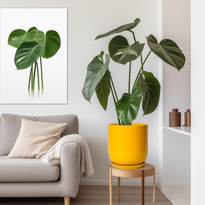 12 Inch Pots for Plants - Ceramic Planter for Outdoor Plants Large Plant Pot Indoor with Drainage Hole Modern Flower Pot for Home Patio Office Decor Yellow-VerdiqueGarden