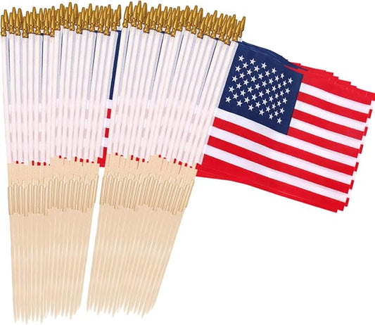 100 Pcs 12x18 Inch American Flags on Stick, American Flags, USA Stick Flag with Handheld and Grounded Multi-Purpose Flagpole, Design for Memorial Day, 4th of July, Veterans Day-VerdiqueGarden