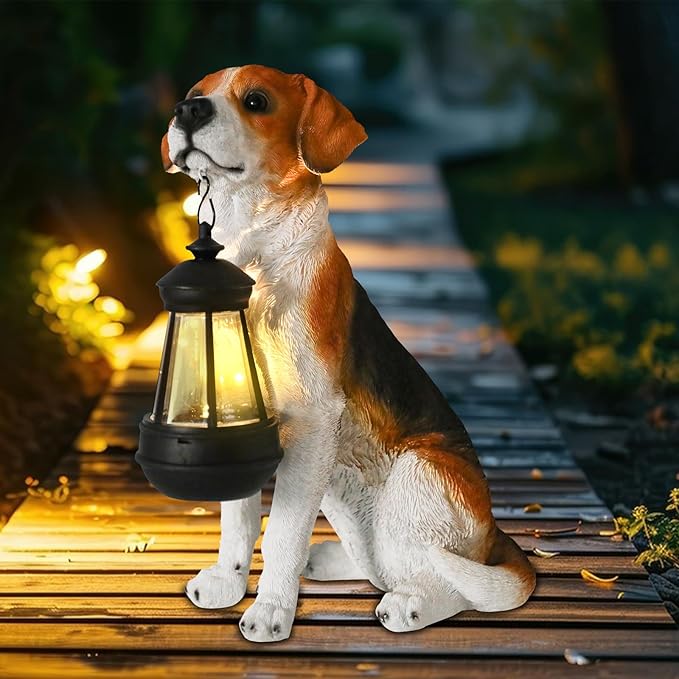 Garden Dog Statues Outdoor Decor, Solar Lights Outdoor Beagle Dog Statue Garden Decorations Solar Dog Ornaments for Patio, Lawn, Yard Art Decoration, Housewarming Garden Gift-VerdiqueGarden
