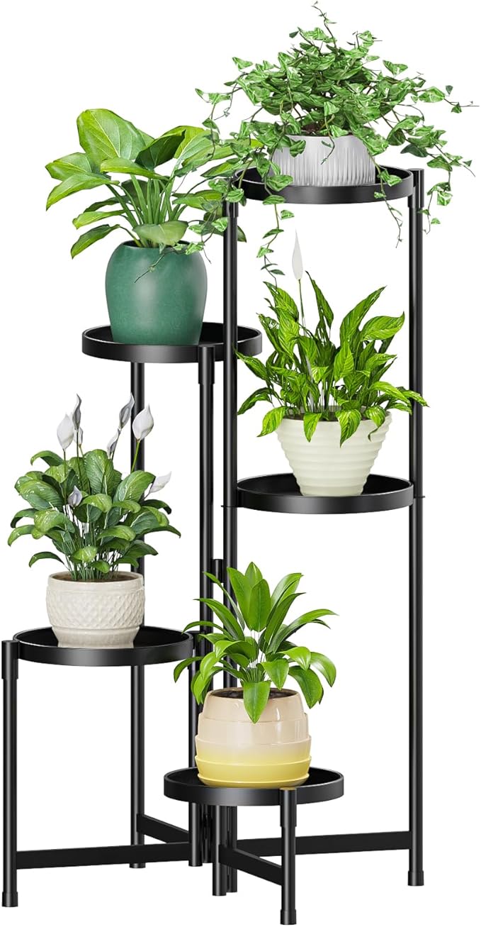MOKANI Metal Plant Stand Indoor Outdoor for Multiple Plants, 5 Tiered Folding Corner Shelf Tall Flower Pot Holder Display Rack for Patio Living Room Balcony Garden, Black-VerdiqueGarden
