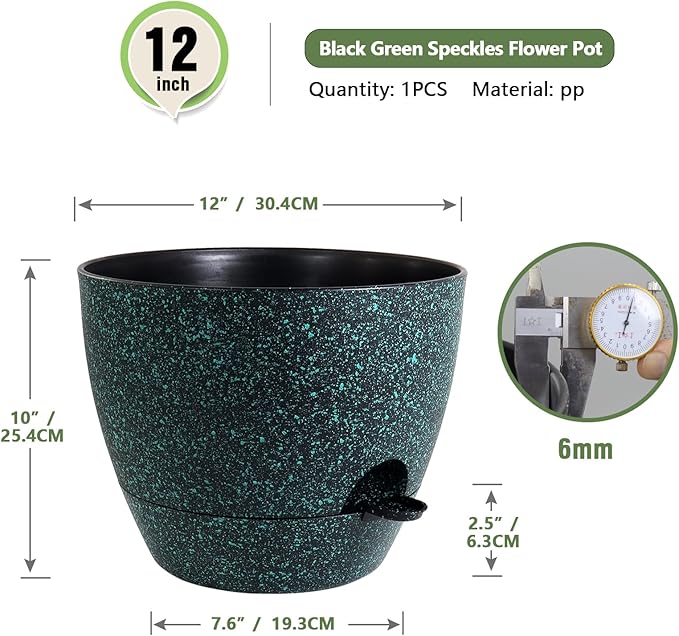 12 inch Large Self Watering Pots for Indoor Outdoor Plants, Flower Plant Pots with Mesh Drainage Holes for Garden House Plants, Plastic Planters for Home Plants, Black with Green Speckles-VerdiqueGarden