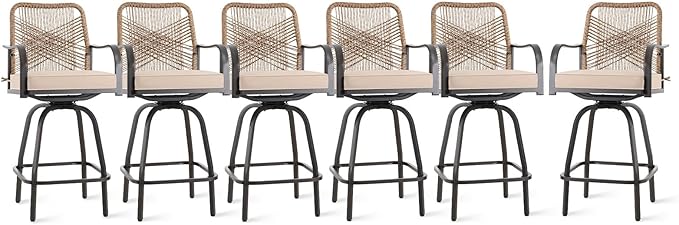 Outdoor Bar Stools Set of 6, Patio Swivel Counter Height Rattan Bar Stools, Patio Wicker Bar Swivel Chairs with Cushion, Outdoor Pool Bar Chairs for Backyard Garden Balcony w /360 Rotation-VerdiqueGarden