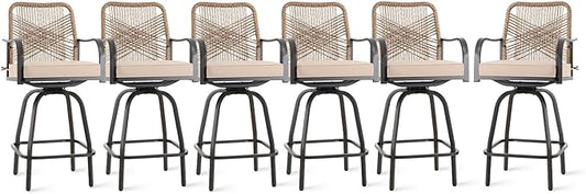 Outdoor Bar Stools Set of 6, Patio Swivel Counter Height Rattan Bar Stools, Patio Wicker Bar Swivel Chairs with Cushion, Outdoor Pool Bar Chairs for Backyard Garden Balcony w /360 Rotation-VerdiqueGarden