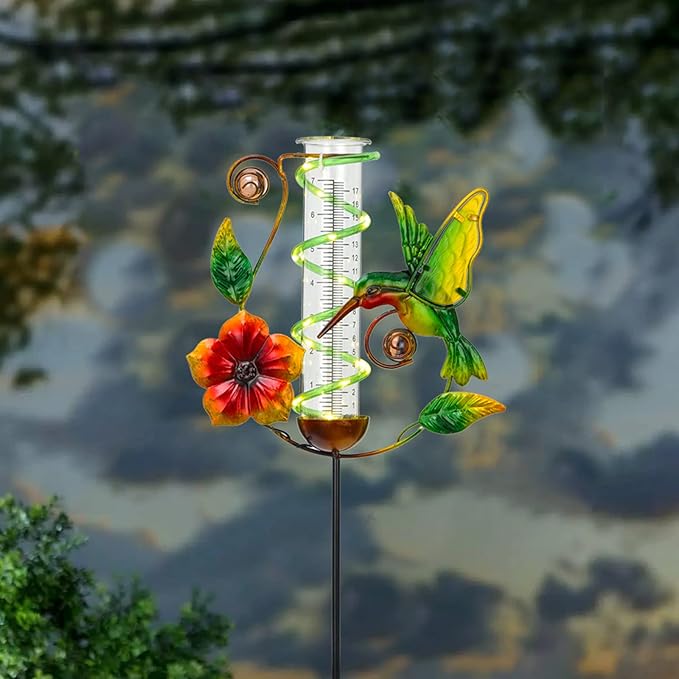 LEWIS&WAYNE 36.3” Hummingbird Rain Gauge Outdoor, 7” Glass Tube Solar Powered 10 Warm White LEDs Garden Metal Stakes Decorative Waterproof for Yard Garden Patio Lawn-VerdiqueGarden