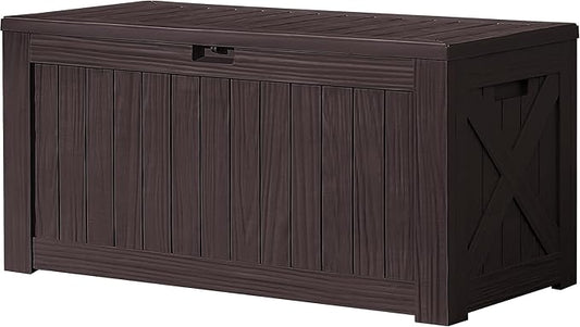 Devoko 120 Gallon Deck Box Resin Outdoor Storage Box Waterproof for Patio, Large Outdoor Storage Bench Lockable for Outside (Deep Brown)-VerdiqueGarden