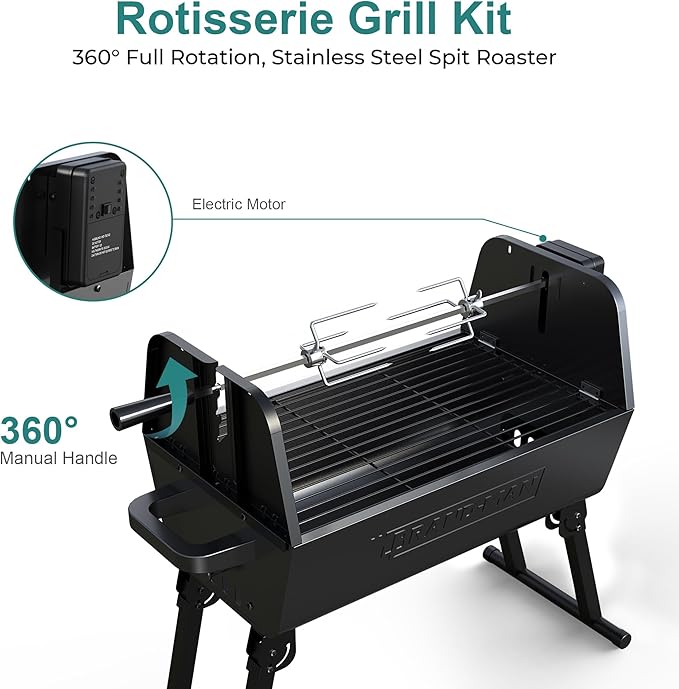 Brand‑Man 2‑in‑1 Charcoal BBQ Grill with Motorized Rotisserie – Portable, Foldable Grill, 257 sq in Outdoor BBQ Grill for Camping & Tailgate, Adjustable Height, Dual Vents-VerdiqueGarden