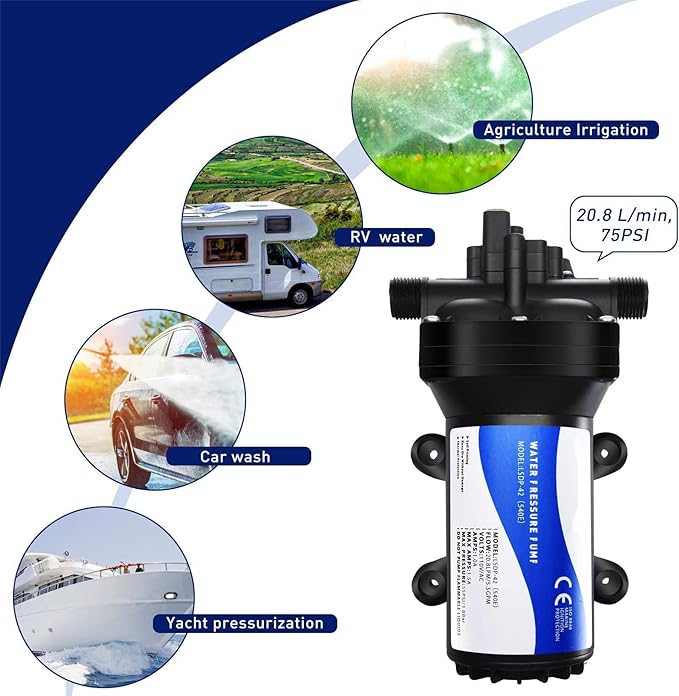 Water Pressure Booster Pump 110v Diapphragm Pump Inline Water Pump 75psi 5.5 GPM Self Priming RV Water Pump for Kitchen, Bathroom, RV, Marine Yacht, Caravan, Garden-VerdiqueGarden