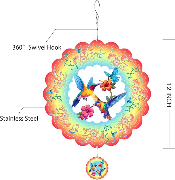 Hummingbirds Metal Wind Spinners Hummingbird Gifts for Mom Women Grandma,12inch Hanging Wind Spinner for Outdoor&Indoor Decor Wind Kinetic Ornament for Yard Garden Decoration-VerdiqueGarden