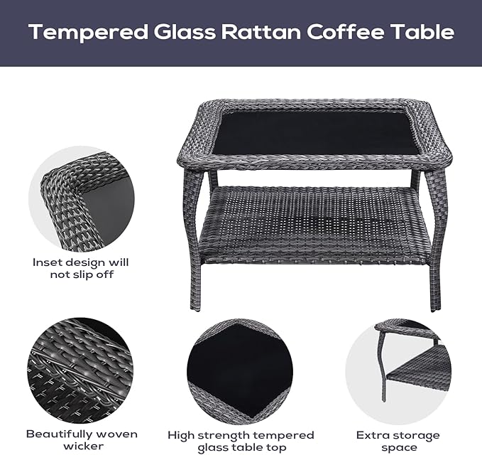 Outdoor Furniture Sectional Sofa L Shaped Couch - Patio Wicker Furniture Set with Coffee Table, 3 Piece Rattan Patio Conversation Sets with Gray Cushion for Deck Backyard Sunroom-VerdiqueGarden