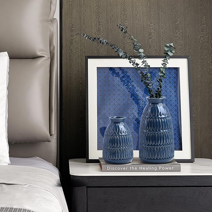 Yundu Navy Blue Ceramic Flower Vases for Home Decor Set of 3, Living Room Décor, Modern Farmhouse and Neutral Home Décor, Pmpas Grass Vase, Shelf, Mantle, Centerpieces Minimalist Décor-VerdiqueGarden
