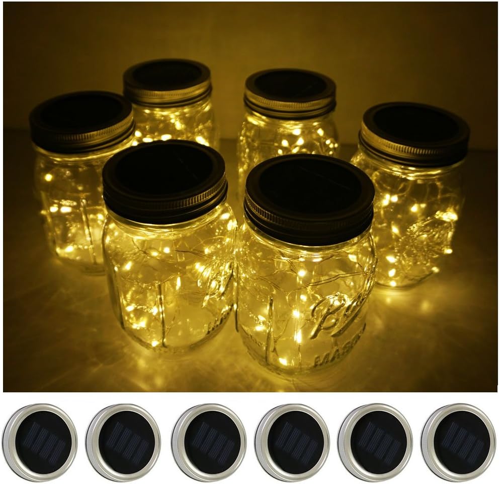 Decorman Solar Mason Jar Lid Lights, 6 Pack 10 LED Waterproof String Fairy Star Firefly Jar Lids Lights for Patio Garden Yard Lawn Party Wedding Christmas Decoration(Jars & Hangers Not Included)-VerdiqueGarden