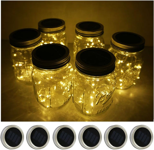 Decorman Solar Mason Jar Lid Lights, 6 Pack 10 LED Waterproof String Fairy Star Firefly Jar Lids Lights for Patio Garden Yard Lawn Party Wedding Christmas Decoration(Jars & Hangers Not Included)-VerdiqueGarden