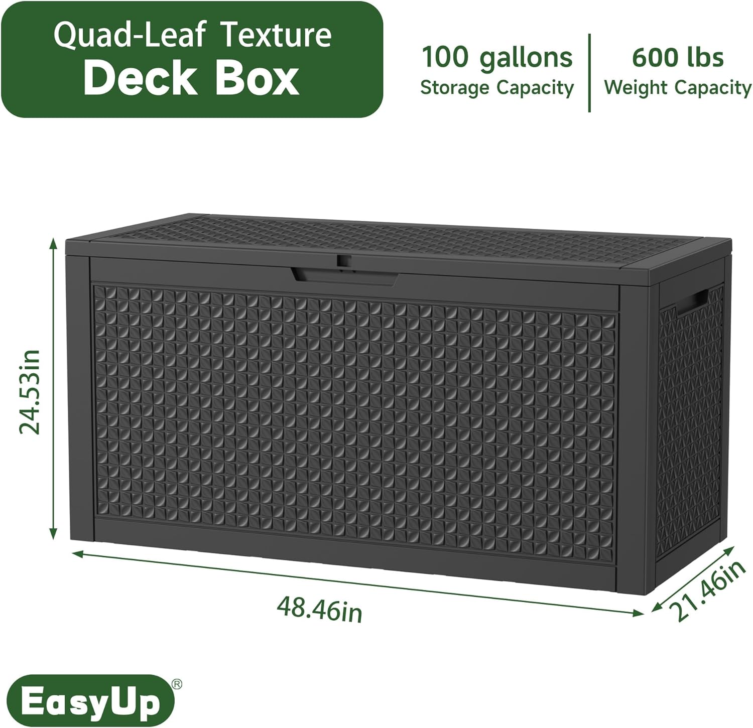 100 Gallon Outdoor Storage Box Waterproof, UV Resistant Resin Deck Box with Hydraulic Rod, Reinforced Stability for Patio, Garden, Quad Leaf Black-VerdiqueGarden