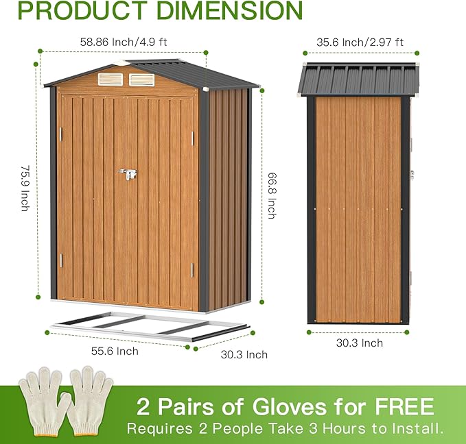 Outdoor Storage Shed, 5x3 Ft Metal Steel Tiny House with Frame Floor & Lockable Door, Vertical Outside Storage Building for Garden, Backyard, Lawn, Patio Utility, Tool Storage-VerdiqueGarden