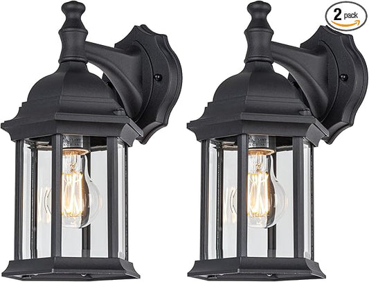 LIT-PaTH Outdoor Wall Lantern, Wall Sconce as Porch Lighting Fixture, E26 Medium Base Max 60W, Aluminum Housing Plus Glass, Matte Black Finish, 2-Pack-VerdiqueGarden