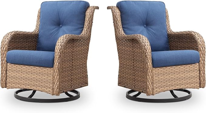 Outdoor Swivel Rocker Patio Chairs - 360 Degree Swivel Glider Seating 350LBS Weight Capacity Wicker Rocking Chairs Set of 2 with Removable Cushion for Porch Balcony Deck, Yellow/Blue-VerdiqueGarden