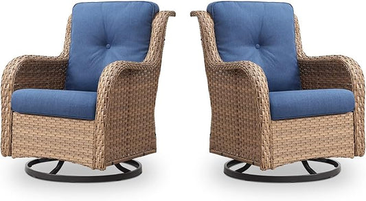 Outdoor Swivel Rocker Patio Chairs - 360 Degree Swivel Glider Seating 350LBS Weight Capacity Wicker Rocking Chairs Set of 2 with Removable Cushion for Porch Balcony Deck, Yellow/Blue-VerdiqueGarden