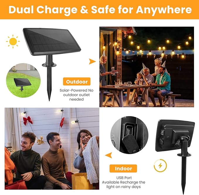 104FT(98+6) Solar String Lights Outdoor Waterproof, Solar Powered Patio Light with 30+2 Dimmable S14 Edison Bulbs Shatterproof & Remote Control, Solar String Lights for Outside Garden Backyard-VerdiqueGarden