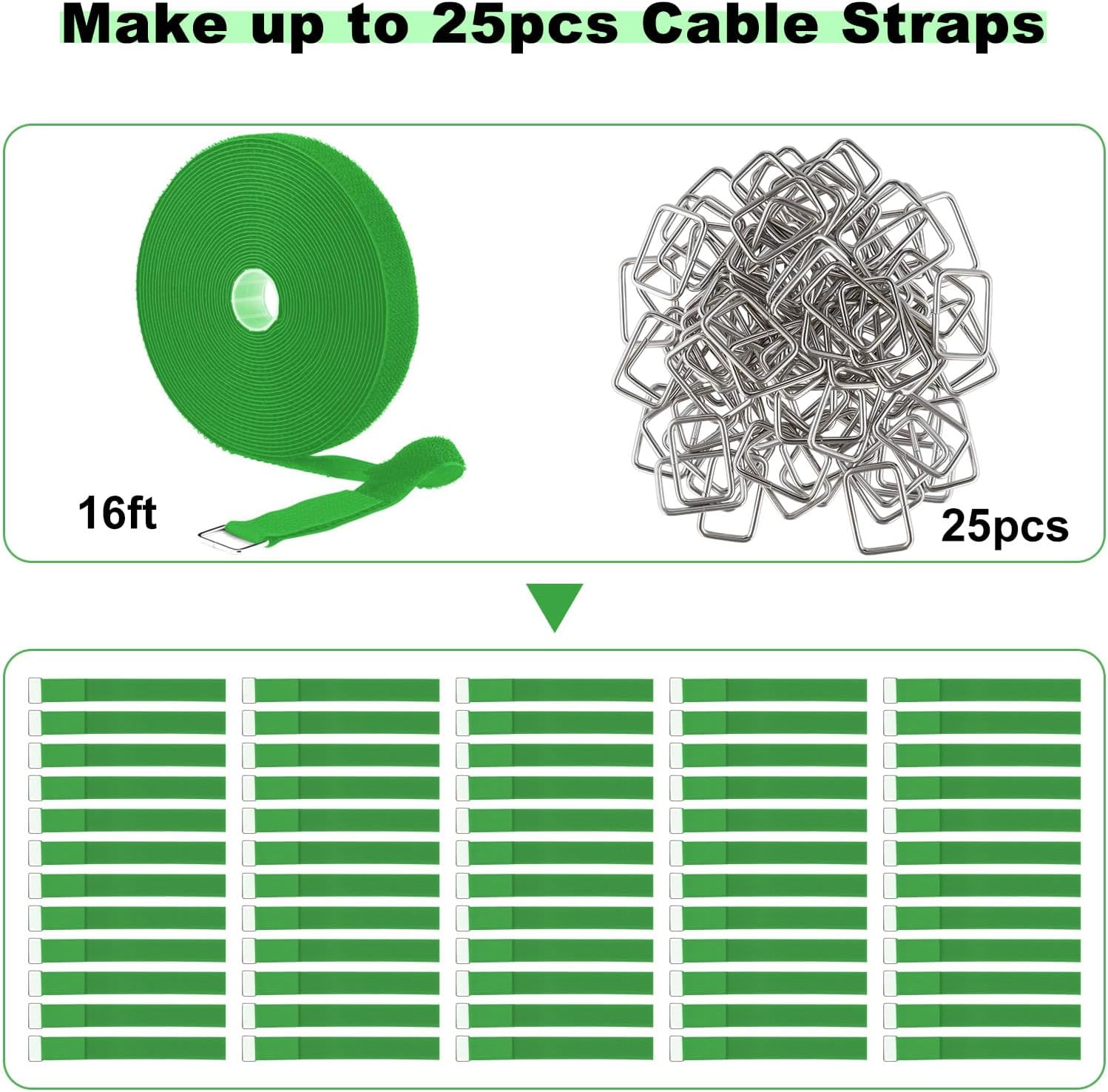 1"x16ft Hook and Loop Straps with 25 Metal Buckles, Adjustable Fastening Cable Straps, Cut-to-Length Cinch Strap, Reusable Nylon Securing Cord Ties for Organizer or Storage, 1 inch Wide,Green-VerdiqueGarden