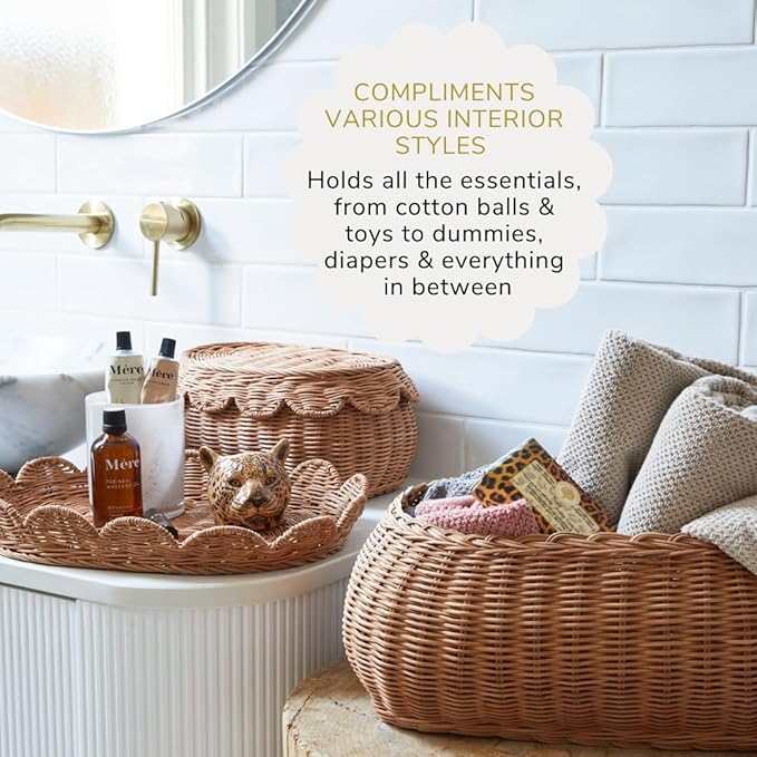 BEBE BASK The Original Scalloped Basket Set Of 2 - Small Scallop Basket - 15 x 10 x 6 In - Hand-Woven & Award-Winning - Elegant Wicker With Scalloped Edge Lid - Nursery Storage - (Mocca)-VerdiqueGarden