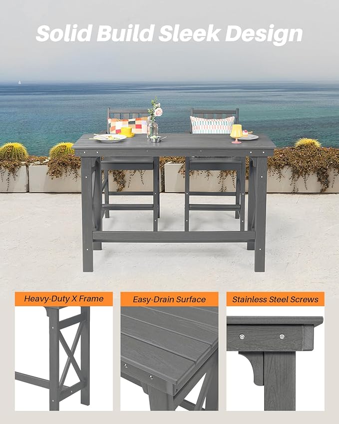 3 Pieces HDPE Outdoor Patio Bar Set, Rectangular Bar Height Table and Chairs Set, Patio Bar Stools Set, HDPE Outdoor Bar Table and Chairs Set for Balcony, Poolside, Porch, Smoke Gray-VerdiqueGarden