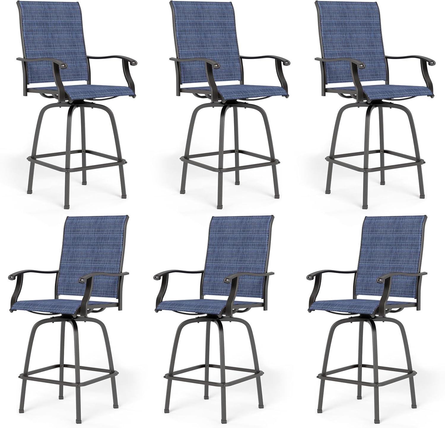 PHI VILLA Outdoor Swivel Bar Stools Set of 6, Bar Height Patio Chairs Furniture with All Weather Textilene Fabric, 30" High Top Bar Chairs for Porch, Blue-VerdiqueGarden