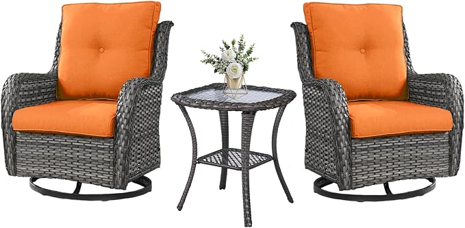 Outdoor Swivel Rocker Wicker Chairs Set of 3, High Back Swivel Patio Chairs Wicker Furniture Set, 2 PCS Rattan Swivel Rocking Chair with Side Table, Orange Cushion-VerdiqueGarden