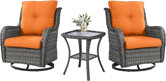Outdoor Swivel Rocker Wicker Chairs Set of 3, High Back Swivel Patio Chairs Wicker Furniture Set, 2 PCS Rattan Swivel Rocking Chair with Side Table, Orange Cushion-VerdiqueGarden