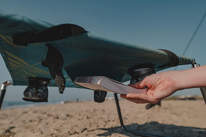 Neso Portable Beach Table with Cup Holders, Cell Phone Pockets, Lightweight for Picnics and Parks (Aqua Fronds)-VerdiqueGarden