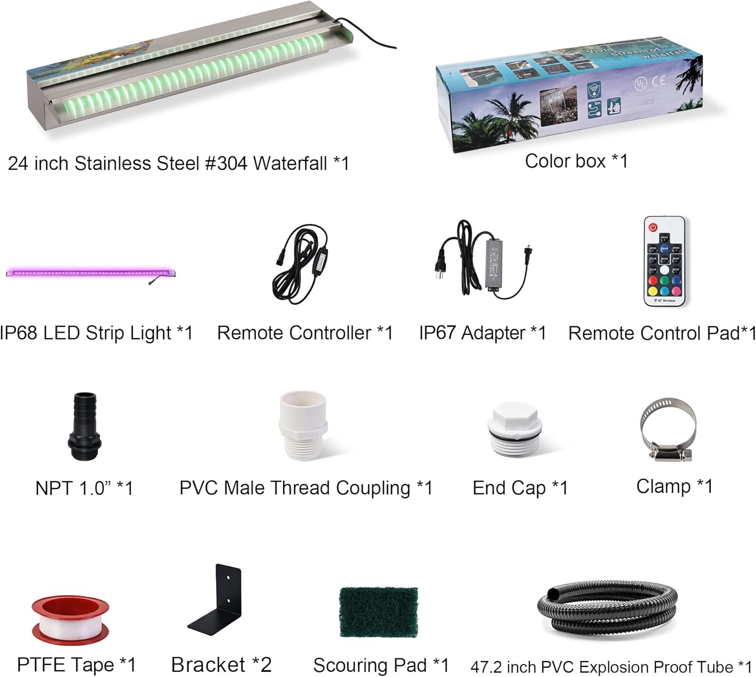 24" Water Pool Fountain 304 Stainless Steel Lighted Pool Waterfall Spillway with Wider Water Flow Platform, Multi-Color LED Strip Light with Remote Control for Indoor, Garden, Outdoor Decoration-VerdiqueGarden