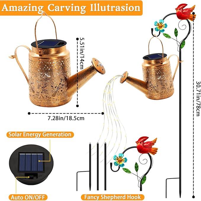 Solar Lights Outdoor Garden Decor, Cardinals Hanging Waterproof Watering Can Lights Outside Decorations for Yard Front Porch Patio Backyard Gift for Mom Grandma Women Birthday （with Shepherd Hook）-VerdiqueGarden