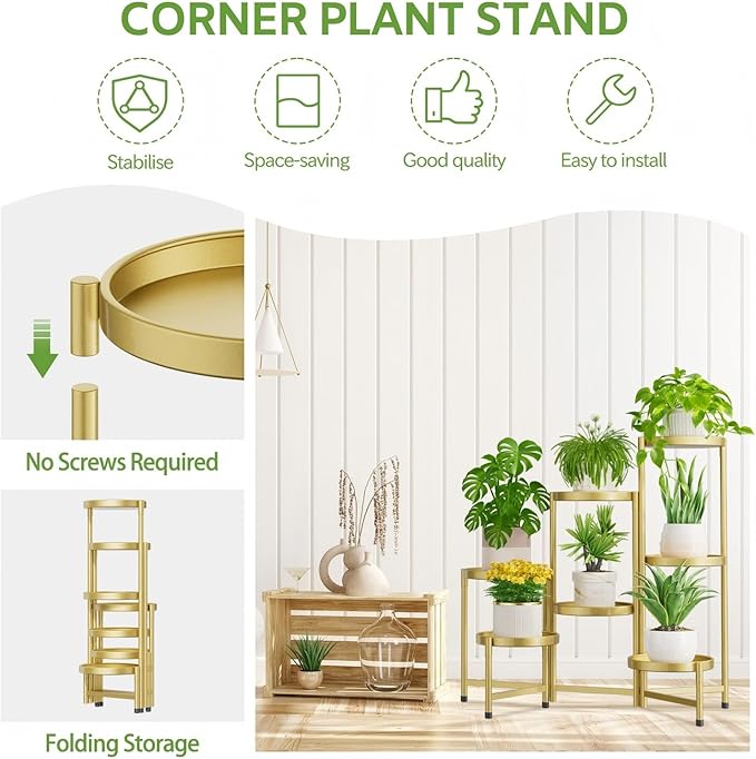 iDavosic.ly 7 Tier Large Plant Stand Indoor, 10 Inch Wide Tall Corner Metal Plant Stands Outdoor for Multiple Plants, Folding Tiered Flower Display Holder Rack Shelf, Gold-VerdiqueGarden
