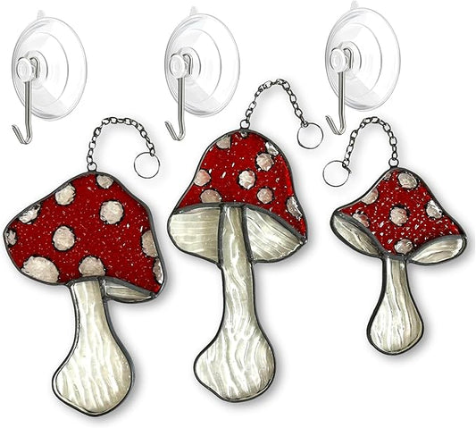 SENSORY4U Fly Agaric Hand-Painted Mushroom Stained Glass Suncatcher 3-Pack - Moon and Toadstool Window Hanging Ornaments - Nature-Inspired Home Décor for Plant and Mushroom Lovers-VerdiqueGarden