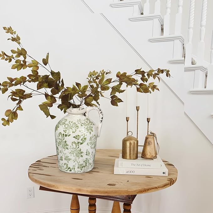 Ceramic Rustic Farmhouse Vase, 9 inch Ceramic Green and White Vase for Centerpieces Pampas Grass Pottery Jug with Handle Boho Chinoiserie Decor Vintage Vases for Living Room Kitchen Dinner Table Shelf-VerdiqueGarden