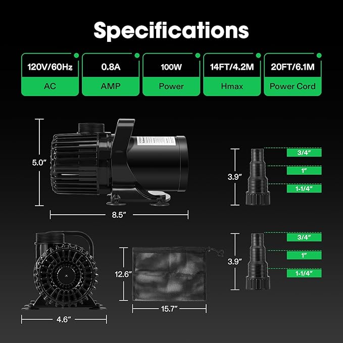 VIVOSUN 1600 GPH Submersible Water Pump with Barrier Bag, 100W Pond Pump, Ultra Quiet Aquarium Pump with 14FT. Lift Height for Pond, Waterfall, Fish Tank, Statuary, Hydroponic-VerdiqueGarden
