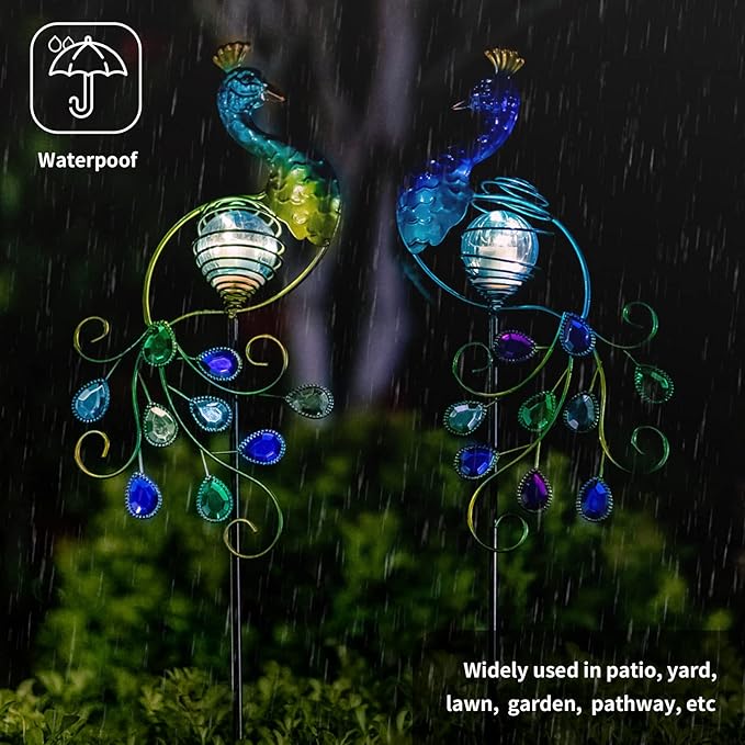Viveta Garden Solar Lights Decorative, 2 Pack Metal Peacock Solar Lights Stake for Outdoor Garden Patio Yard Lawn Decorations-VerdiqueGarden