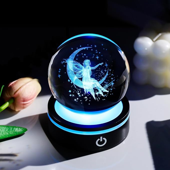 YWHL 3D Crystal Moon Figurine with Colorful LED Base, Laser Fairy Gifts for Women Girls on Christmas Birthday, Glass Globe Decorative Ball for Fairy Lovers Home Decor (80mm)-VerdiqueGarden