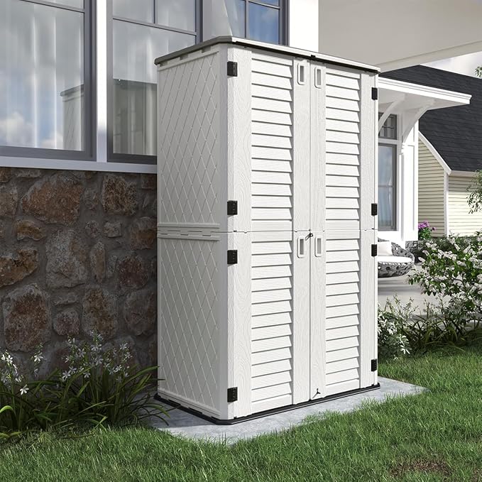 KINYING Outdoor Storage Cabinet Waterproof, Resin Vertical Outdoor Storage Shed for Patio Furniture, Garden Tools, Pool Accessories, Mower Storage (66 Cu.ft, Off White)-VerdiqueGarden