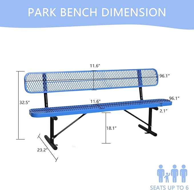 8FT Heavy Duty Park Bench with Back Portable Frame, Outdoor Steel Bench with Backrest, Outdoor Park Bench Expanded Metal Mesh Bench for Lawn, Park, Deck, Garden, Patio, Porch, Black (Blue, 8FT)-VerdiqueGarden
