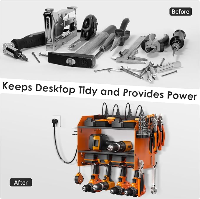 CCCEI Set Power Tool Organizer Wall Mount with Charging Station. Garage 4 Drill Storage Shelf with Hooks, Heavy Duty Metal Tool Battery Charger Organizer. Shop Utility Rack with Power Strip Orange.-VerdiqueGarden