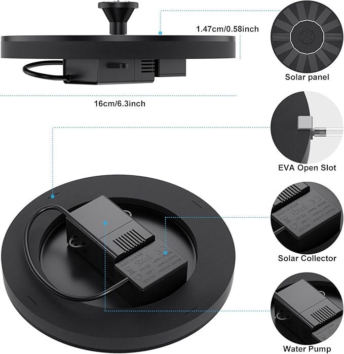 Solar Fountains,Solar Water Fountain,Solar Powered Bird Bath Fountain with 6 Nozzles - Free Standing Floating Solar Water Fountain for Bird Bath, Garden, Pond, Pool (Black-1.4W)-VerdiqueGarden